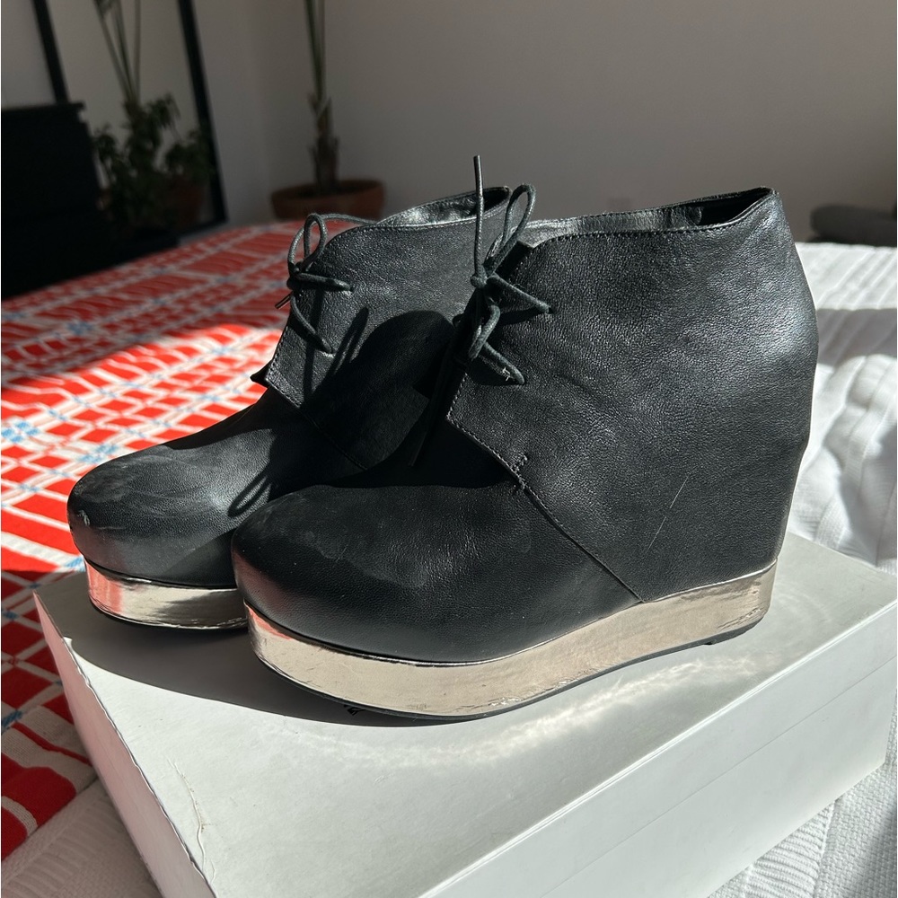Jeffrey Campbell Black Wedge Ankle Booties with Metallic Silver Platform